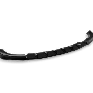 Black curved automotive front bumper lip spoiler with vertical fins for aerodynamic grip on a white background