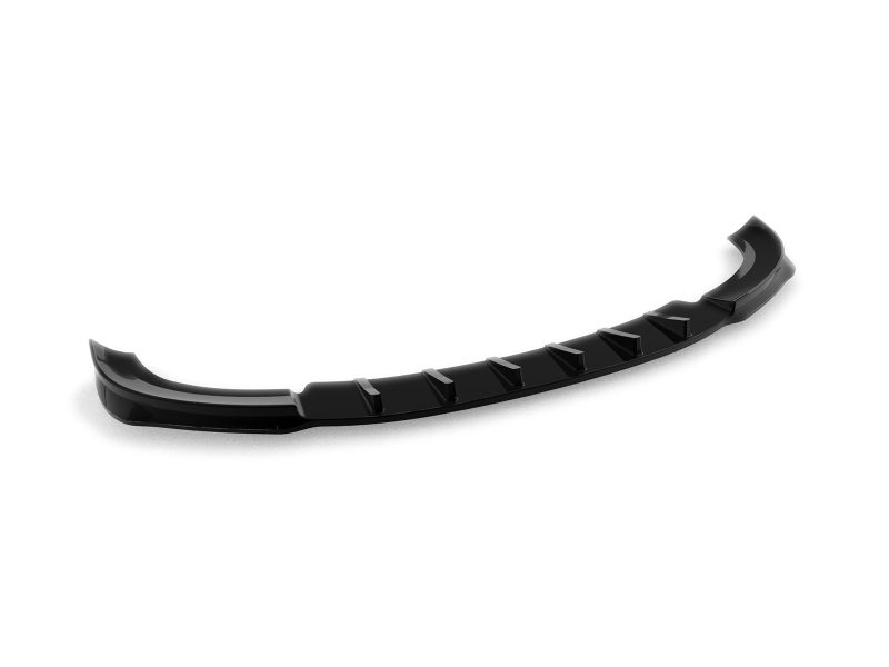 Black curved automotive front bumper lip spoiler with vertical fins for aerodynamic grip on a white background