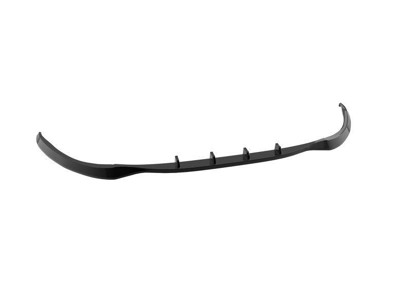 Glossy black curved car spoiler with five small vertical fins along its length for downforce.