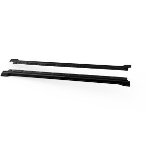 Two black roof rack crossbars laid out on a white background, likely vehicle roof racks ready for installation