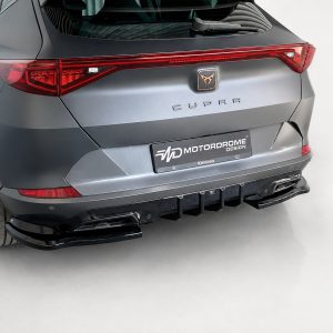 K208-003_3jpg - OPSHOLDERS Rear view of a gray CUPRA SUV showing red taillights, badge, and a custom black rear diffuser with a motordrome design plate.