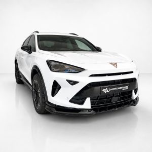 Front-left perspective of a white sporty crossover with black accents in a clean studio, MD Motordrome Design badge on the grille.