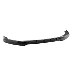 Glossy black car bumper lip spoiler with integrated fins, designed to improve aerodynamics.