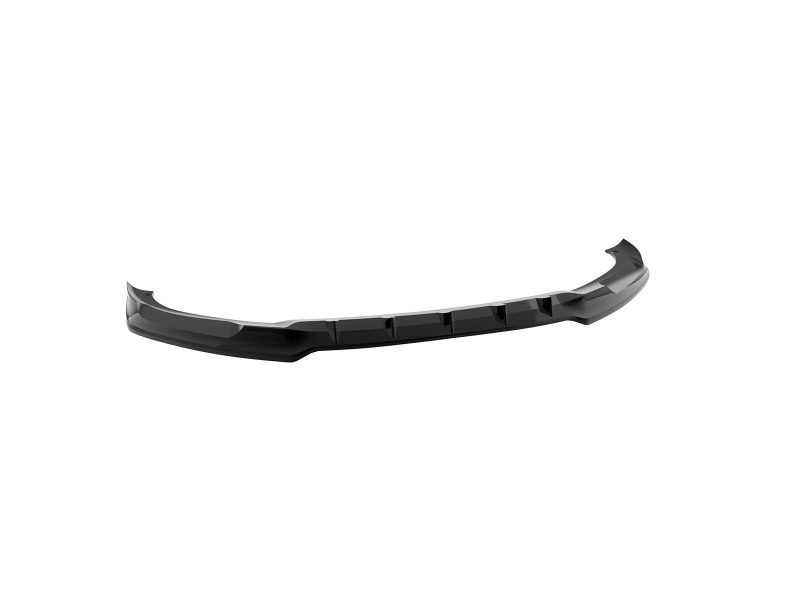 Glossy black car bumper lip spoiler with integrated fins, designed to improve aerodynamics.
