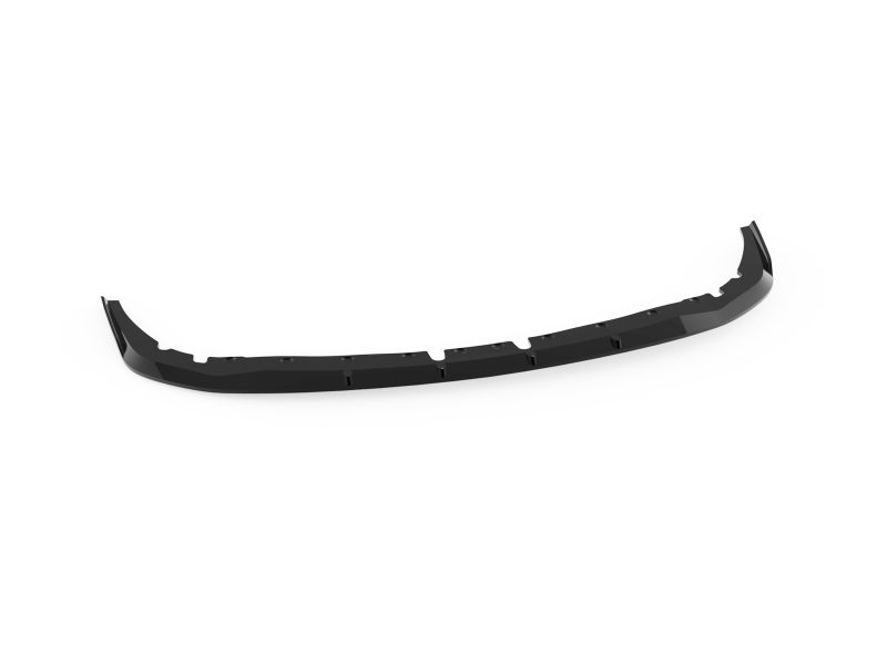 Black curved front bumper lip spoiler with mounting holes for installation on a vehicle’s lower bumper area