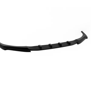 Long black curved car aerodynamic splitter with evenly spaced vertical fins along its length