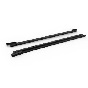 Two black drawer slide rails with mounting holes laid parallel on a white background.
