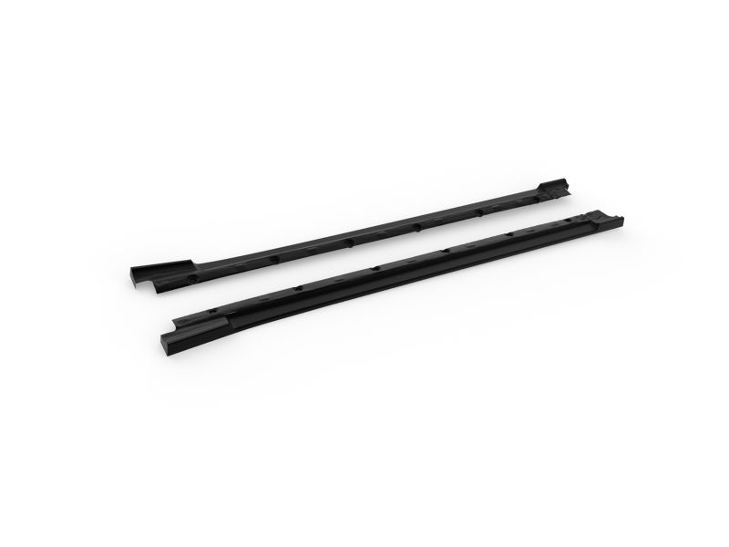 Two black drawer slide rails with mounting holes laid parallel on a white background.