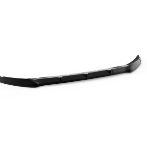 Black curved car bumper lip/spoiler component with mounting tabs, designed to fit beneath a vehicle's bumper to improve aerodynamics.