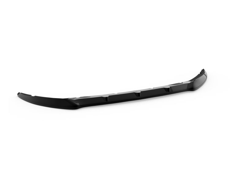 Black curved car bumper lip/spoiler component with mounting tabs, designed to fit beneath a vehicle's bumper to improve aerodynamics.
