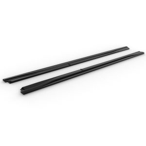 Two black windshield wiper blades lying parallel on a white background, showing rubber edges.