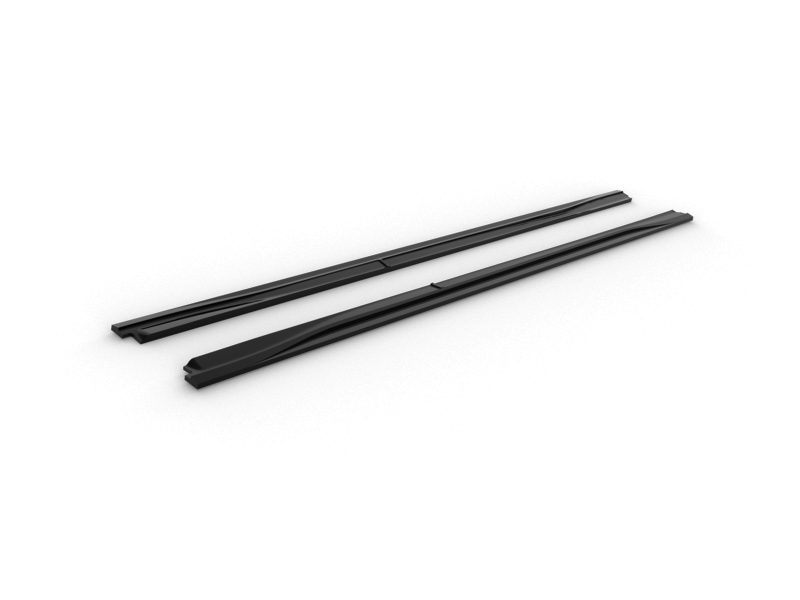 Two black windshield wiper blades lying parallel on a white background, showing rubber edges.