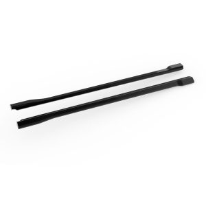 Pair of black windshield wiper blades laid parallel on a white background; used for wiping car windshields at high speed