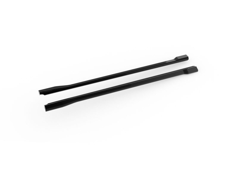 Pair of black windshield wiper blades laid parallel on a white background; used for wiping car windshields at high speed