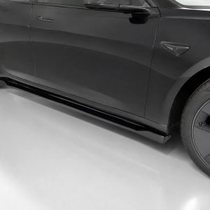 Side view of a dark sedan showing the door, flush handle, and sleek side skirt near the front wheel edge.