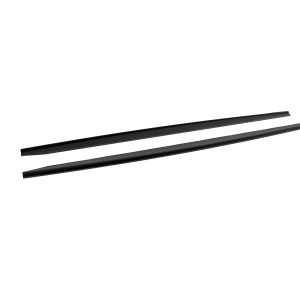Two parallel black metal bars with evenly spaced rivet holes laid diagonally on a white background (roof rack crossbars).