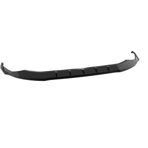 Black rear car spoiler with an aerodynamic curved design and small vertical fins along the underside edge along a trunk lip