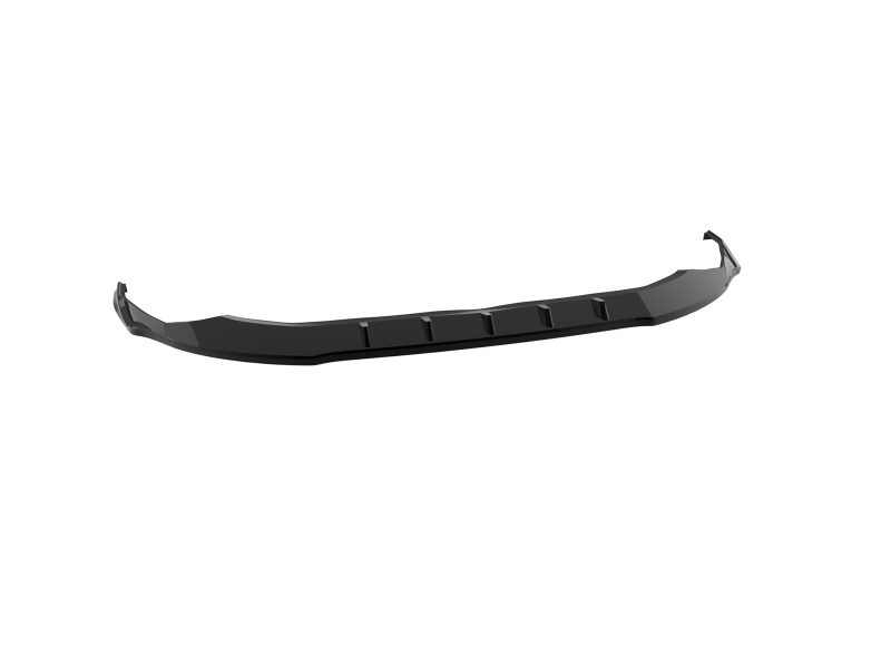 Black rear car spoiler with an aerodynamic curved design and small vertical fins along the underside edge along a trunk lip