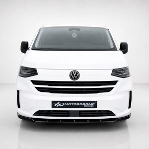 Front view of a white Volkswagen van with black grille and logo, in a studio setting with a neutral background.