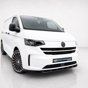 White Volkswagen van in a studio setting with black mirrors and custom multi-spoke wheels