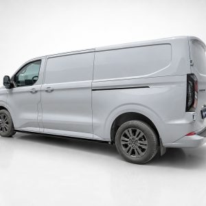 Grey cargo van shown from the rear-right side in a studio setting, highlighting its sliding side panel and back doors.