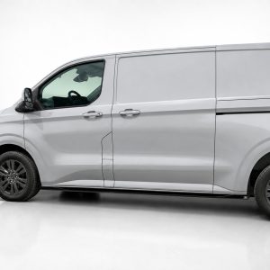 Side view of a silver cargo van with a sliding side door, shown in a studio setting.