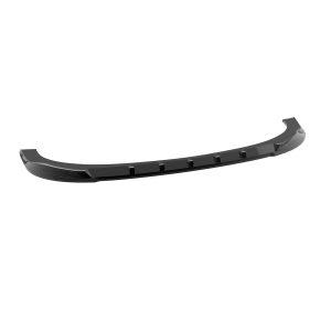 Black curved car front lip spoiler with evenly spaced vertical fins, designed to attach to the underside of a bumper for aerodynamics