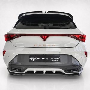 Rear view of a white Cupra SUV showing red taillights, a black roof spoiler, and a Center emblem with 'CUPRA' lettering; license plate reads 'Motordrome Design' on a black plate area