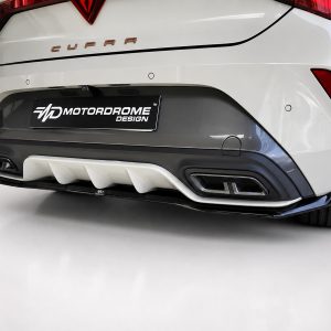 Rear view of a white CUPRA hatchback with a black 'Motordrome Design' plate and sporty rear diffuser.
