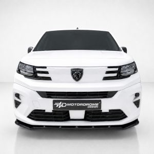 Front view of a white Peugeot van with black grille and emblem, against a light background.