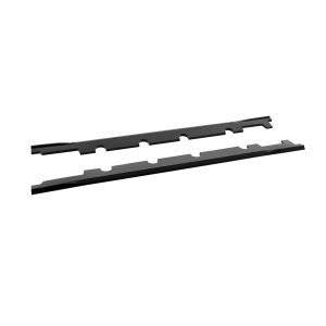 Two parallel black metal rails with evenly spaced rounded cutouts, likely server rack mounting rails.