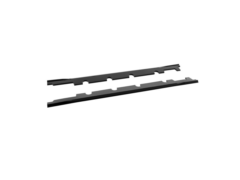 Two parallel black metal rails with evenly spaced rounded cutouts, likely server rack mounting rails.