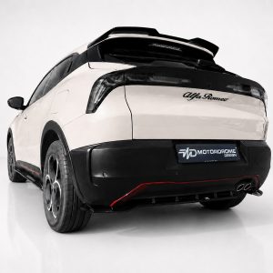 K227-003_2jpg - OPSHOLDERS Rear three-quarter view of a white Alfa Romeo SUV with black trim, spoiler, and red accent on the bumper