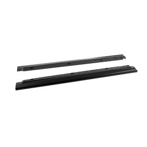 Two long black metal rails with mounting holes, shown as a 3D render, oriented diagonally across a white background (likely drawer slides).