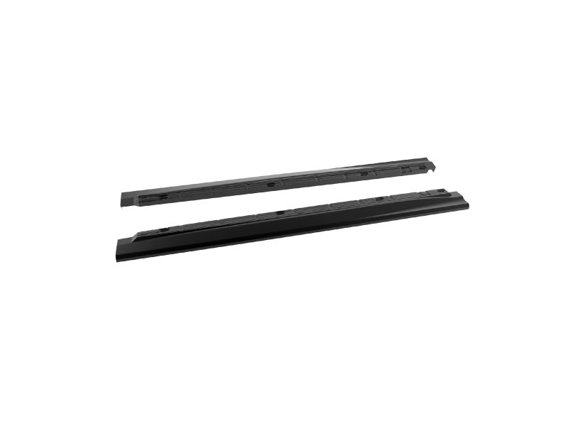 Two long black metal rails with mounting holes, shown as a 3D render, oriented diagonally across a white background (likely drawer slides).