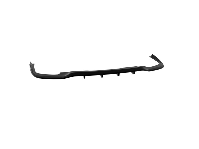 Black automotive bumper lip spoiler with end extensions and underside mounting tabs.