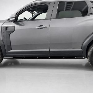 Side view of a gray Ford Ranger pickup truck, showing the front door and wheel on a clean backdrop.