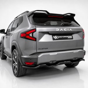 Rear three-quarter view of a silver Dacia Duster SUV in a studio setting, showing roof rails and taillights.
