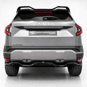 Rear view of a silver Dacia Duster SUV with a branded license plate reading MD Motordrome Design, showing red taillights and a roof spoiler.
