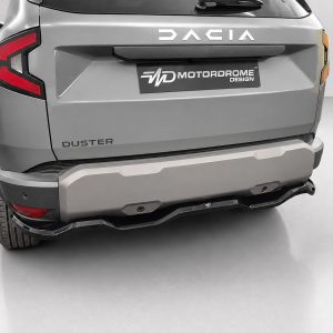 Rear view of a gray Dacia Duster with a Motordrome Design plate on the tailgate and distinctive taillights visible on the left.] ,