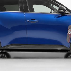 Blue car shown from the side, featuring a chrome door handle, black trim, and a red-and-silver stripe graphic on the front fender.