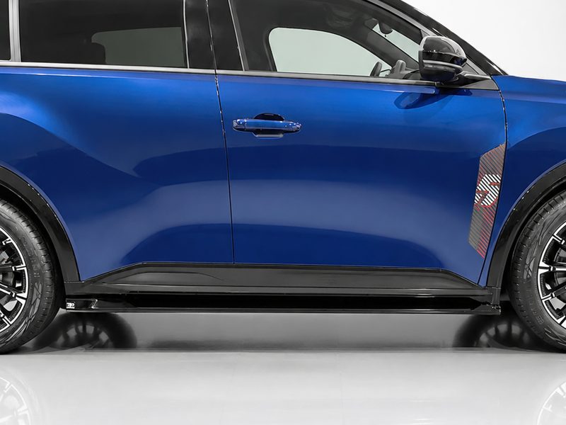 Blue car shown from the side, featuring a chrome door handle, black trim, and a red-and-silver stripe graphic on the front fender.