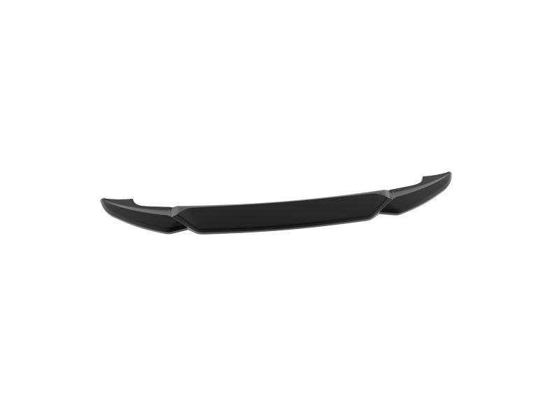Black automotive spoiler with a long central wing and curved endplates on a white background, viewed from the side and slightly below for aerodynamics emphasis.