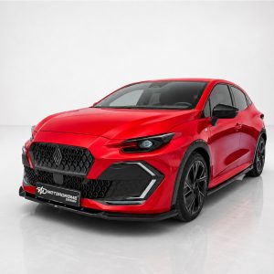 Red sports hatchback photographed in a three-quarter front view, showcasing a bold black grille and angular headlights.