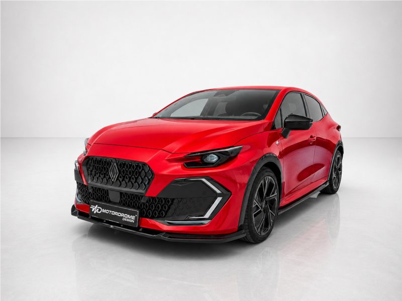 Red sports hatchback photographed in a three-quarter front view, showcasing a bold black grille and angular headlights.