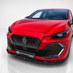 Red sporty car front view in a studio setting, featuring a prominent diamond Renault badge on a black honeycomb grille.