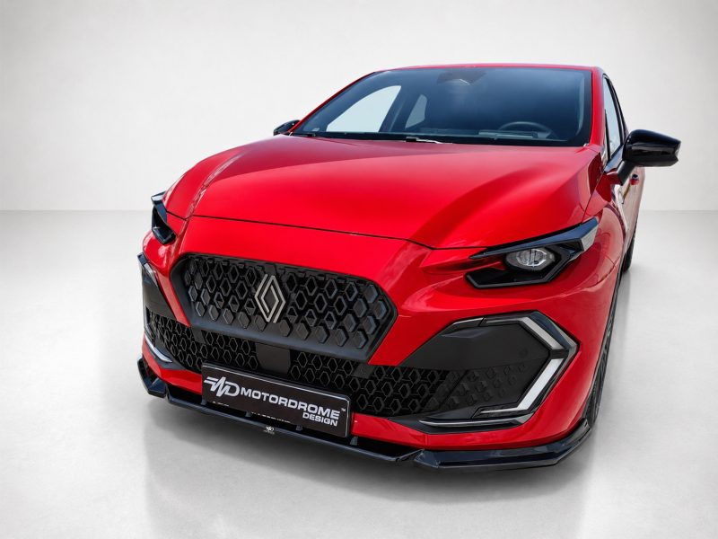 Red sporty car front view in a studio setting, featuring a prominent diamond Renault badge on a black honeycomb grille.