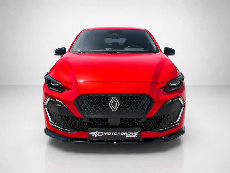 Front view of a bright red Renault sports car with a large black honeycomb grille and diamond emblem in the center