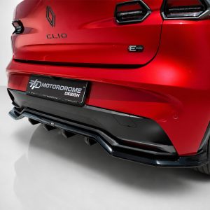 Rear view of a red car showing the Clio badge, E-Tech Hybrid emblem, and a black Motorodrome Design plate.