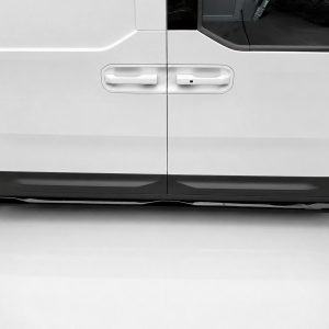 Side view of a white van showing two vertical doors with white handles and a black lower trim.